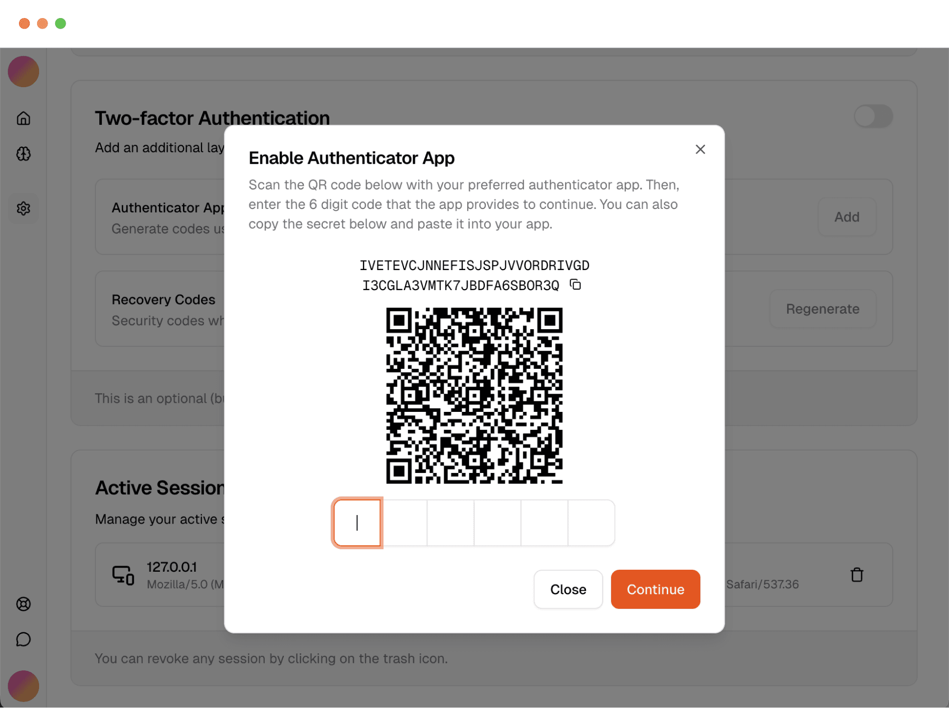 Setup authenticator