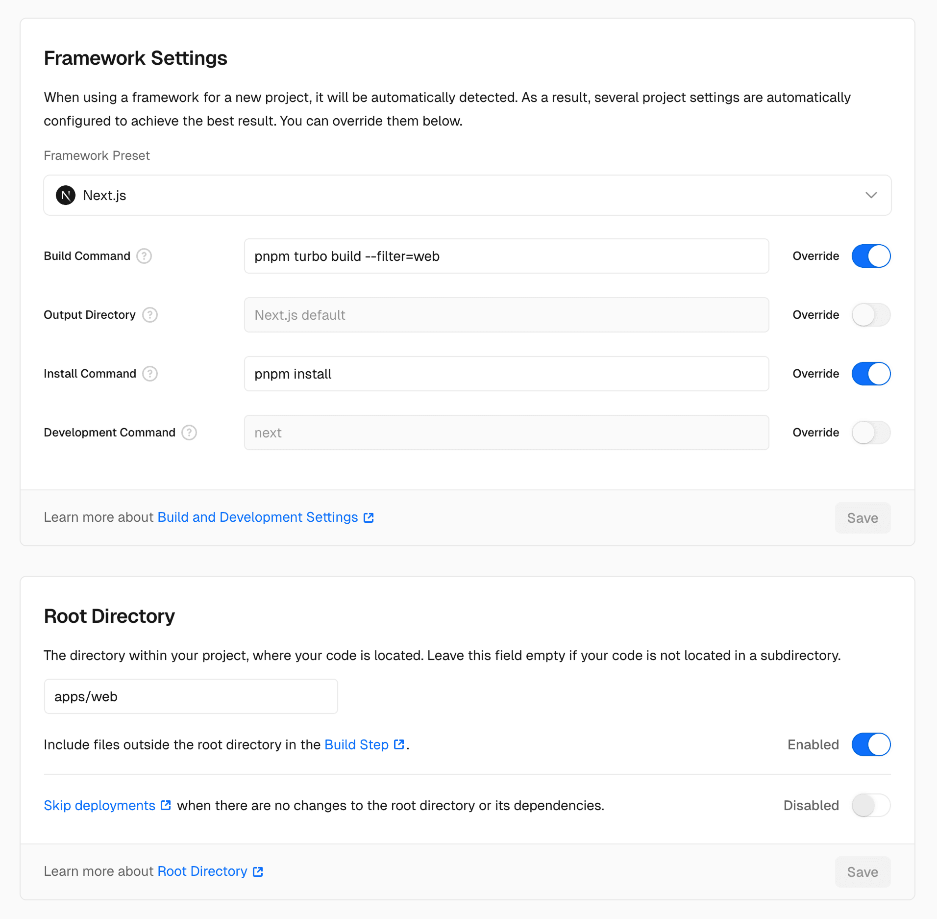 Vercel project settings